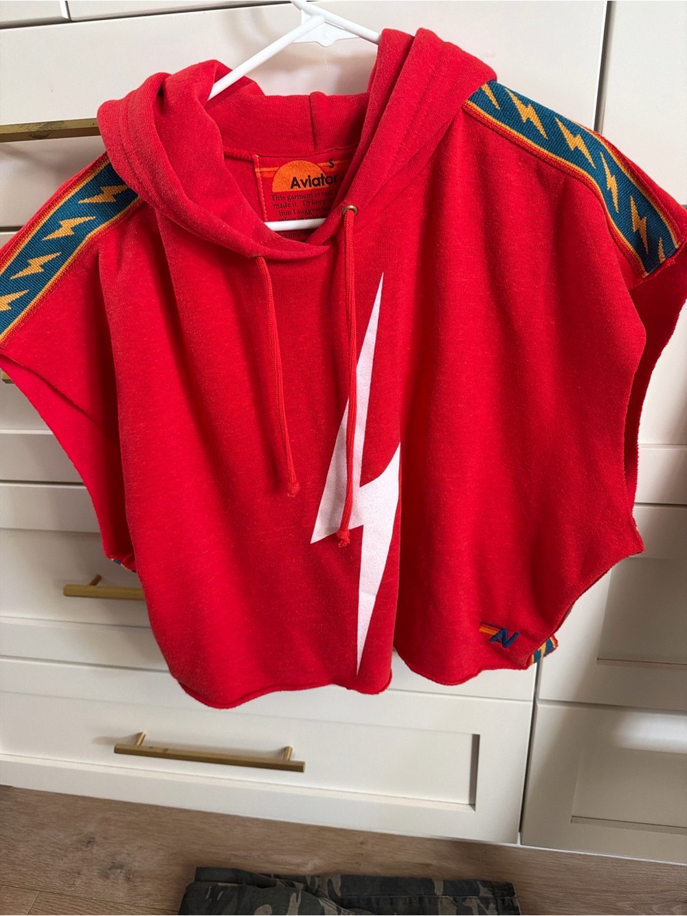 Aviator Nation Kids Red Lightning Hooded Poncho with Blue Trim small